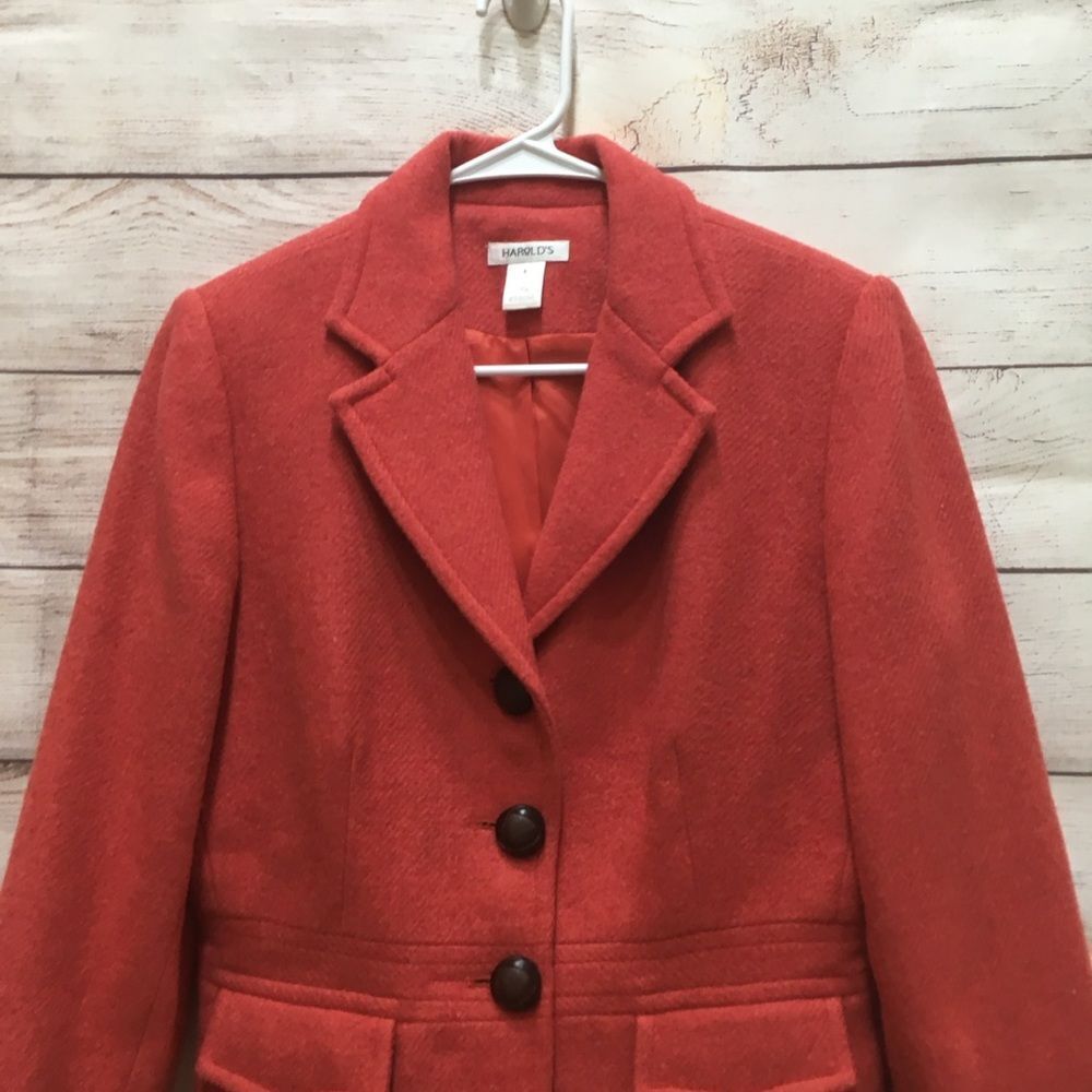 EXCELLENT CONDITION HAROLD’S WOOL BLAZER IN DEEP‎ CORAL - Picture 2 of 5